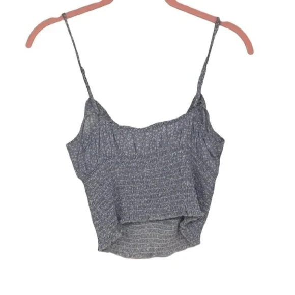 Garage periwinkle blue white floral shirred tie front crop tank top SP - Picture 2 of 13